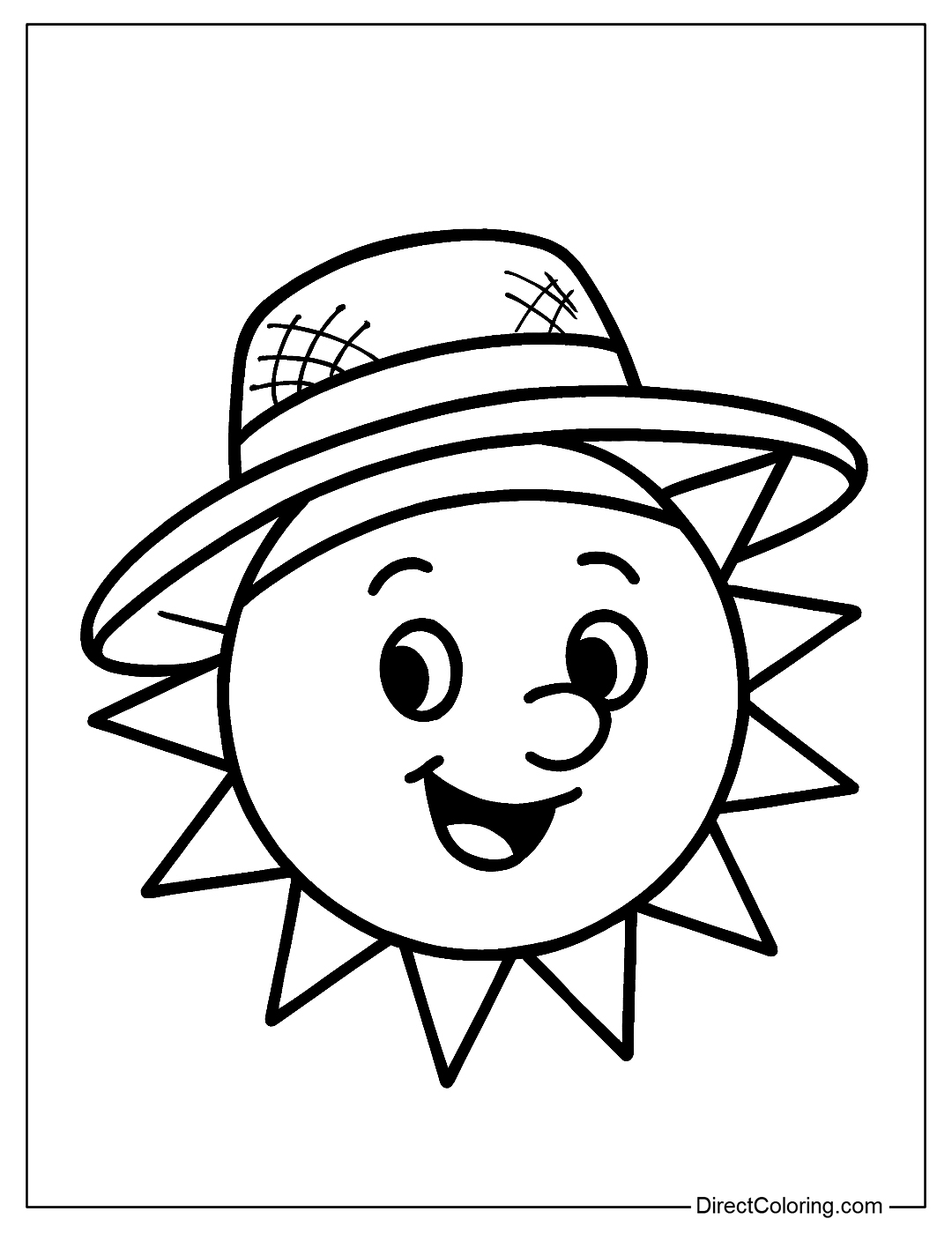 coloring page of the Sun wearing a straw hat, fun style, thick and clear lines